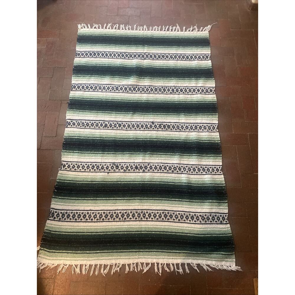 Vel-Mex Green White Stripe Western Boho Blanket Falsa Fringed Throw 71” X 47”